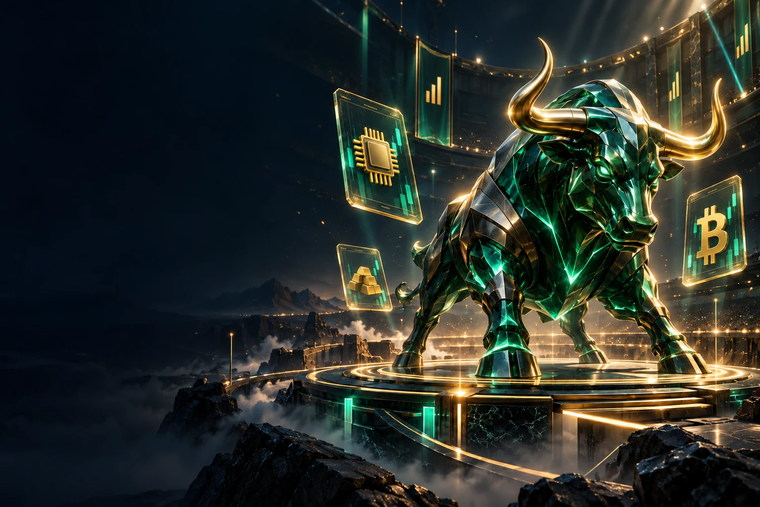 Emerald and gold faceted bull in the Fantyra arena